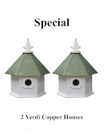 2 Hanging Bird Houses Verdigris Roofs